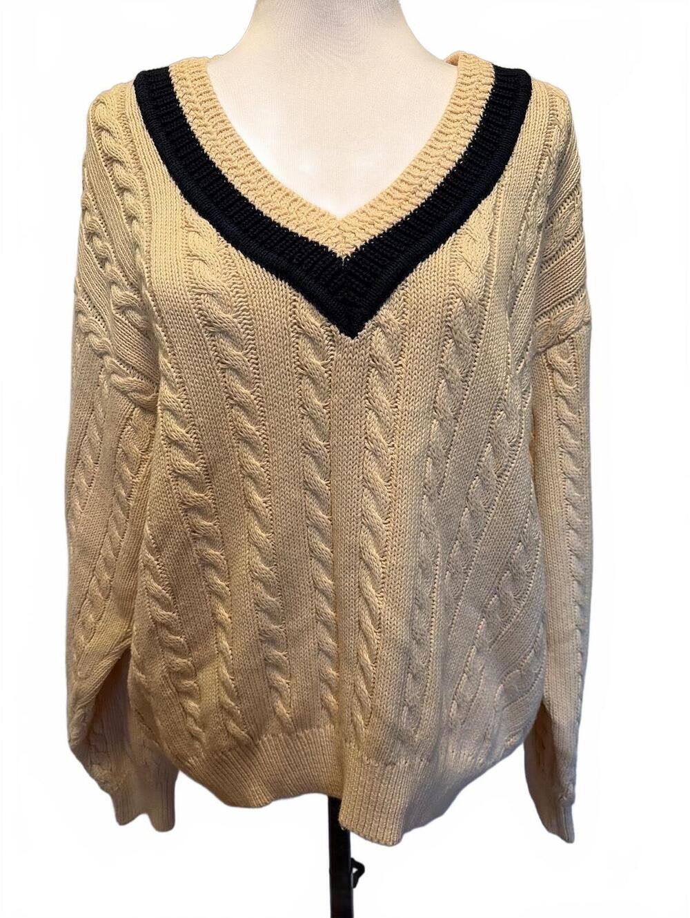 Vintage Benetton Cable Knit Sweater L Cream Navy Cotton Prep Cricket Tennis Ivy